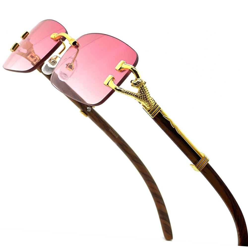 Rimless Sunglasses Pink Lens Gold Wood Grain Frame Fashion Hip Hop Street Trendy